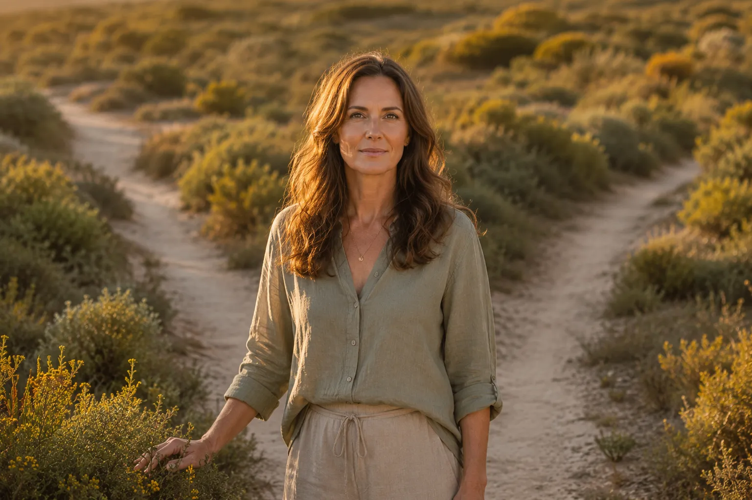 Woman walking a coastal path at golden hour
