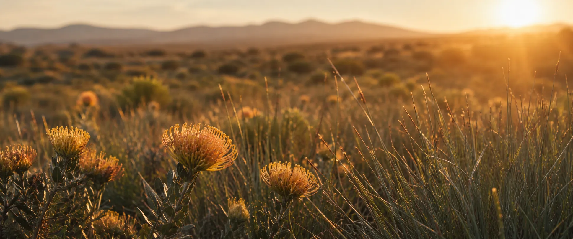 Western Cape fynbos veld in golden afternoon light