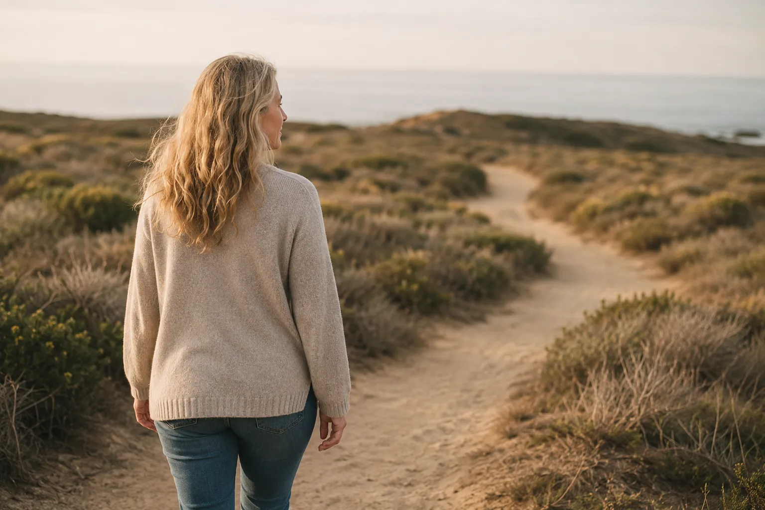 Woman walking a coastal path at golden hour