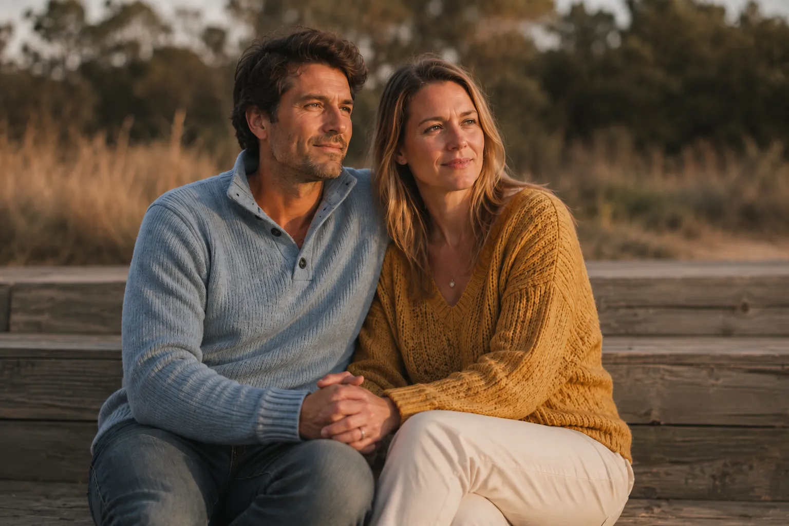 Couple sitting close together outdoors at golden hour