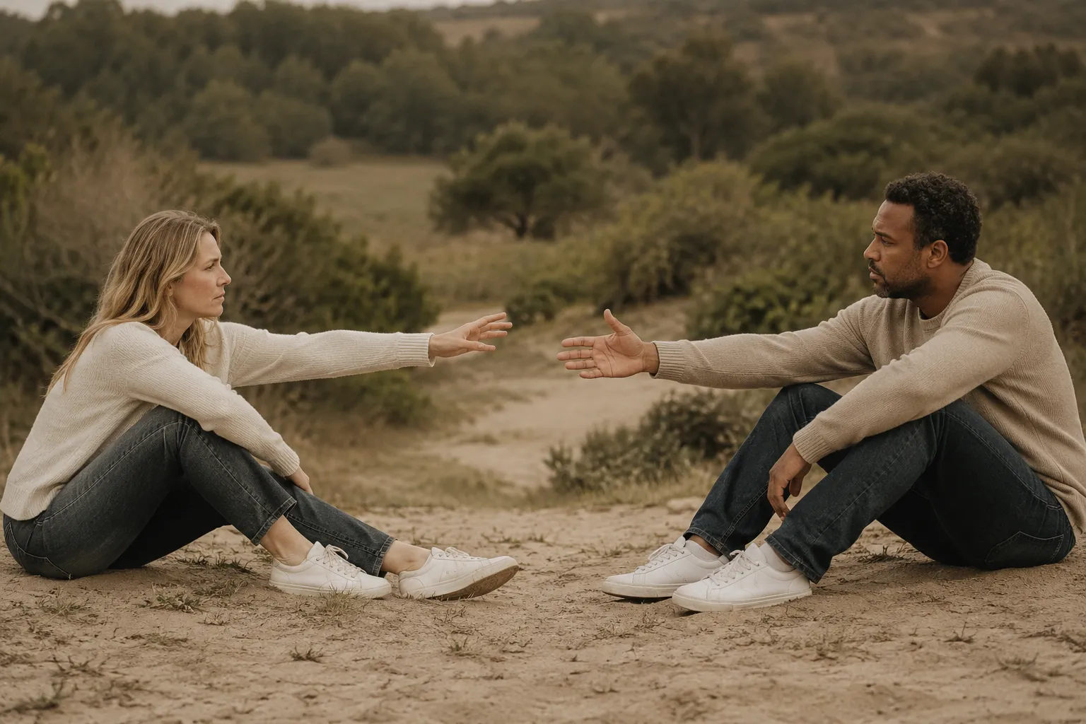 Couple reaching toward each other